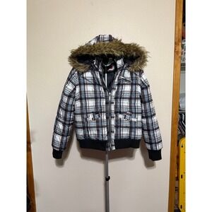 CoffeeShop Red Kids XL Plaid Puffer Jacket Faux Fur Hood Blue Black White Coat